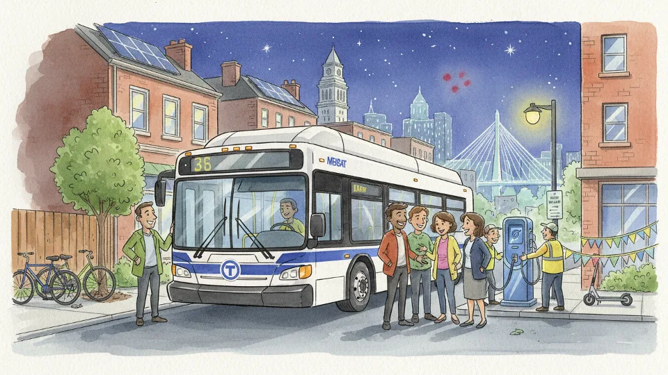 MBTA bus with front-end damage at nighttime crash scene with emergency vehicles and damaged residential property visible