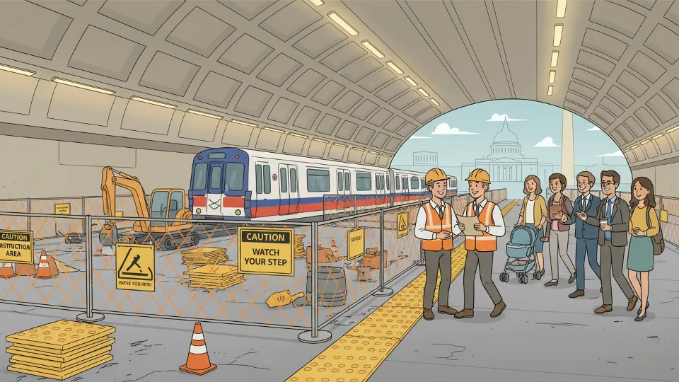 Metro station platform construction barriers with safety signage and tactile warning strips being installed
