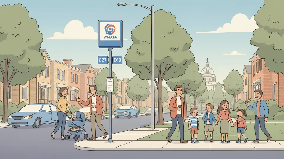 WMATA bus stop sign showing route C27 and D10 numbers with residential Southeast DC neighborhood in background
