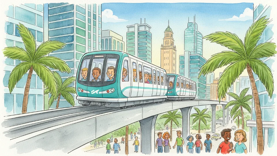 Metromover train on elevated track in downtown Miami with urban skyline