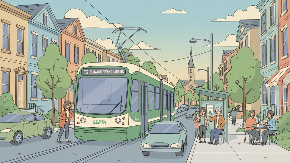 SEPTA trolley on routes T2, T3, T4, or T5 operating in West Philadelphia Elmwood District service area