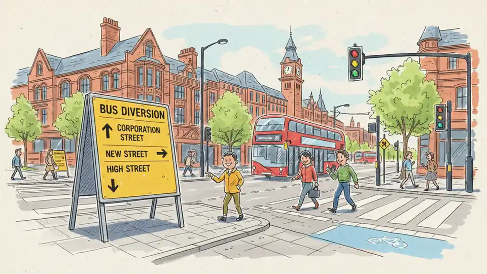 Bus route diversion sign at Birmingham street intersection showing alternate path directions
