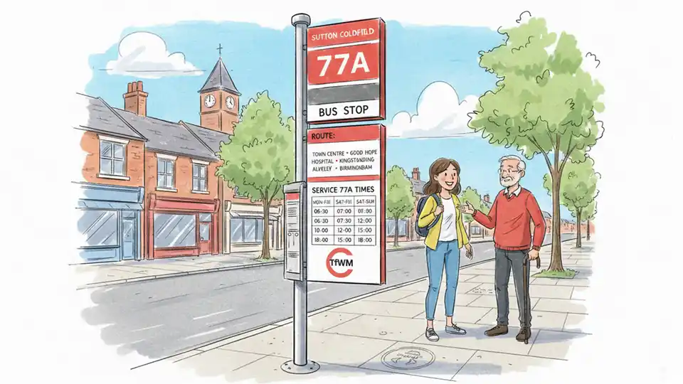 Bus stop sign for service 77A in Sutton Coldfield with route information and schedule posted