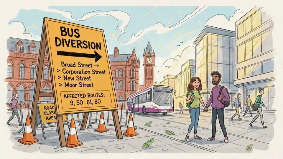 Birmingham bus route detour sign with street names visible showing alternative routing during road construction