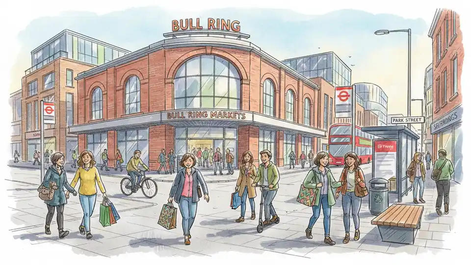 Birmingham Markets exterior with pedestrians walking near bus stops on Park Street, showing the typical midday foot traffic and market entrance