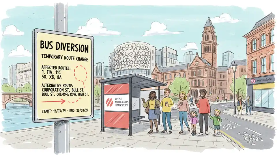 Bus route diversion sign at Birmingham bus stop showing temporary route changes and alternative street names