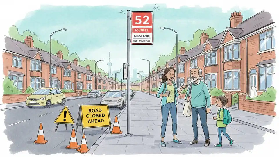 Bus stop sign for Route 52 in Great Barr with residential street and road closure signage visible in background