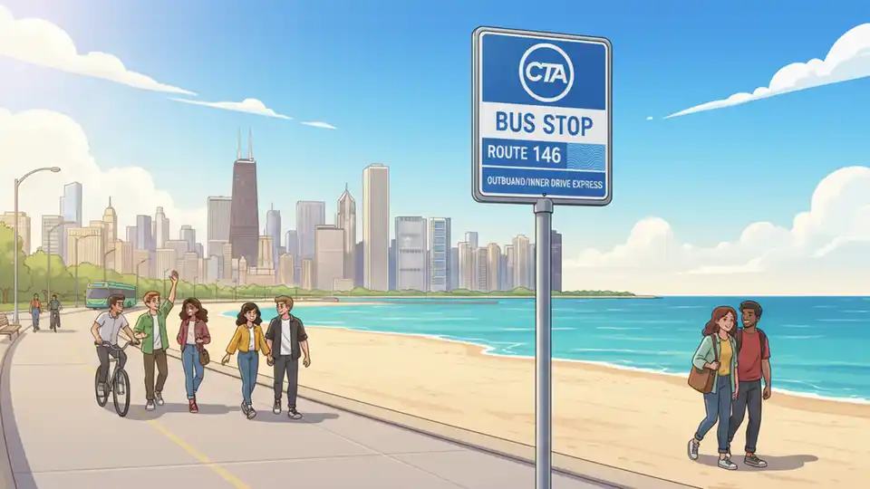 Chicago lakefront beach with CTA bus stop sign in foreground