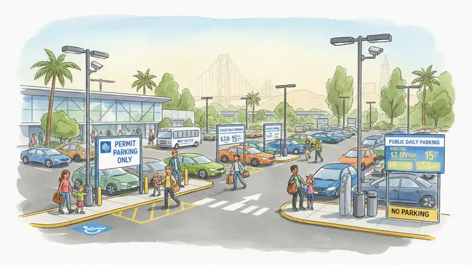 BART station parking lot with designated sections for business rentals and public parking, showing clear signage and organized layout during weekday operations