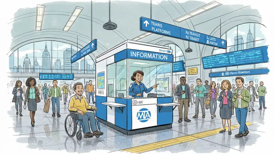 Penn Station MTA information booth with customer service representative assisting riders, showing accessibility technology and wayfinding signage