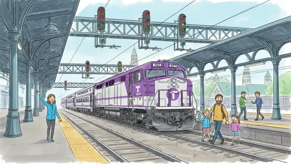 MBTA Commuter Rail train at South Station with signal equipment visible overhead