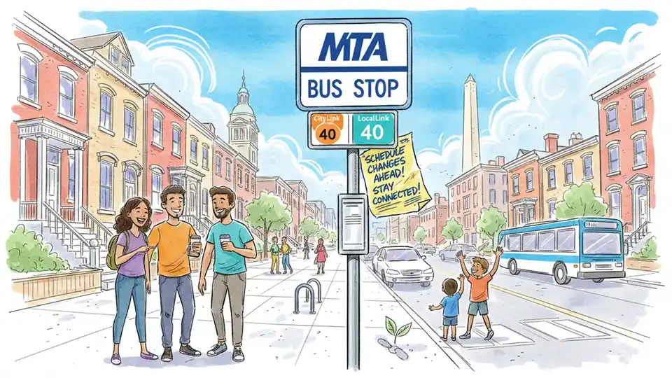 MTA bus stop sign showing CityLink Orange and LocalLink 40 route numbers in Baltimore with service alert posted