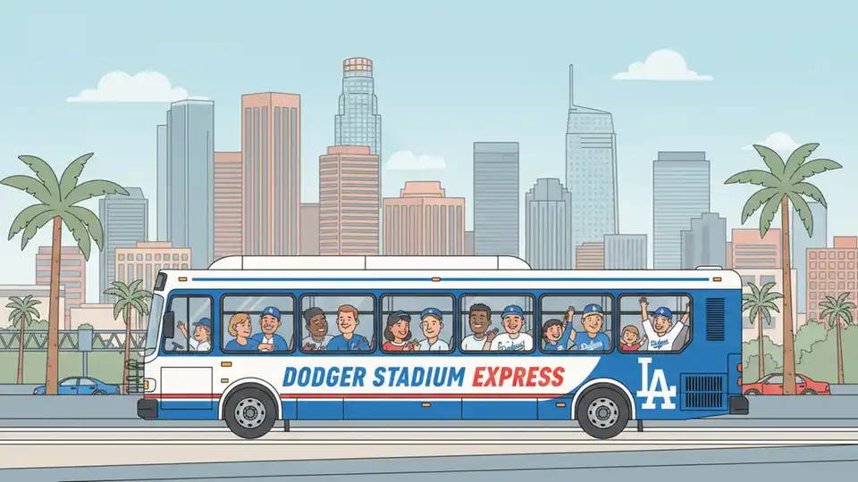 Dodger Stadium Express bus on route with downtown Los Angeles skyline visible in background