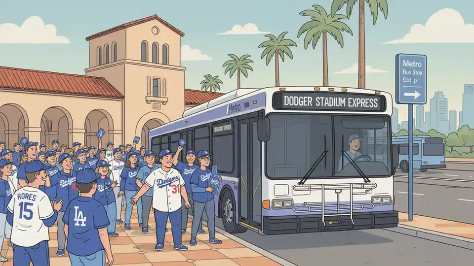 Metro Dodger Stadium Express bus at Union Station West with Dodgers fans boarding before a game