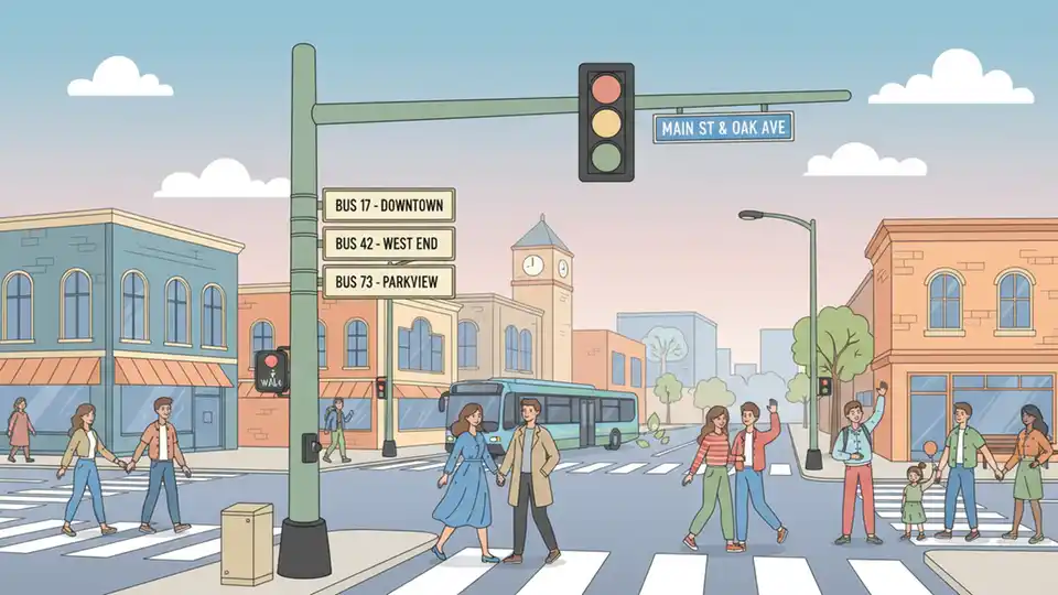 Traffic signal equipment at urban intersection with bus route signage visible