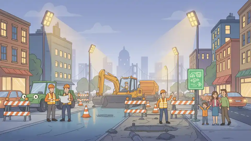 Nighttime road construction scene with illuminated work zone and equipment on urban street