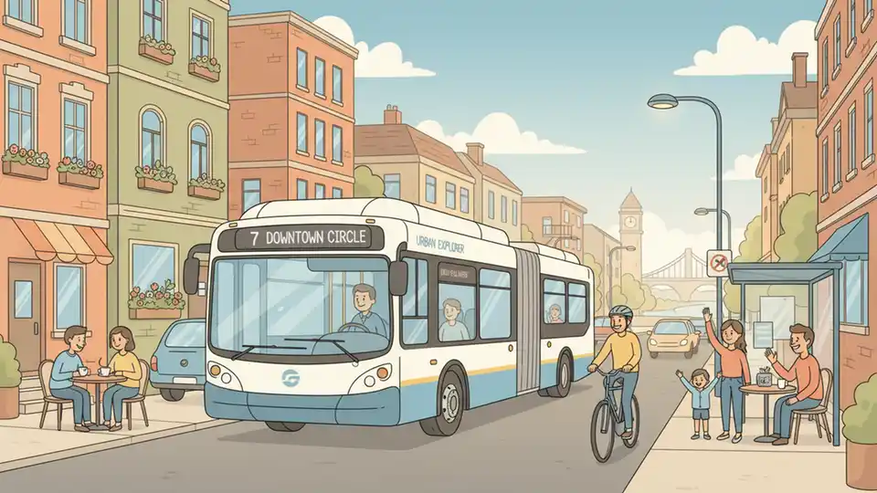 Transit bus traveling on urban street with residential buildings showing normal route operations