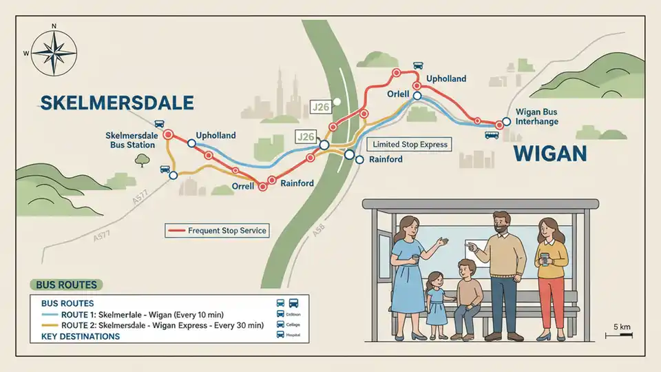Bus route map showing Skelmersdale and Wigan corridor with M6 motorway connection