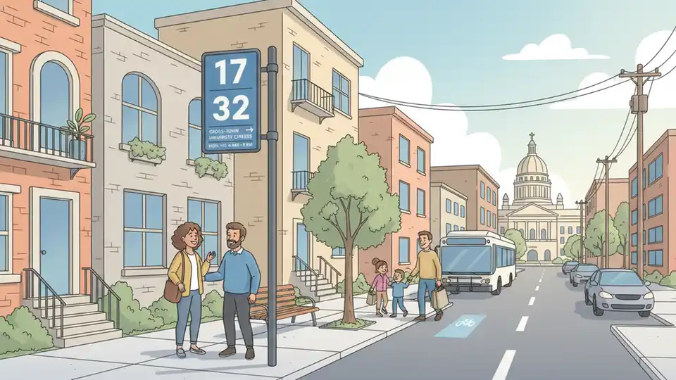 Transit bus stop sign showing route numbers with residential street and parked vehicles in urban setting