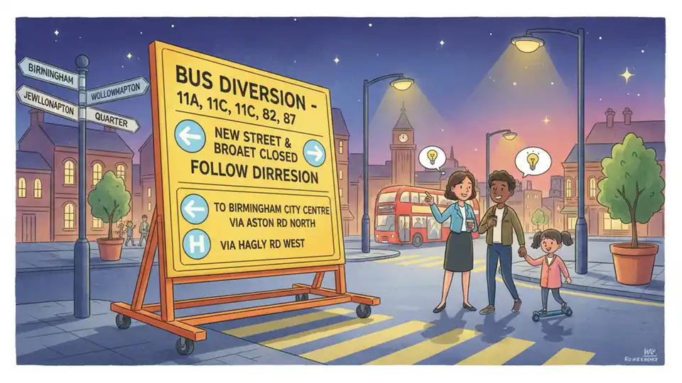 Bus route diversion sign on urban street with multiple road names visible, nighttime street lighting