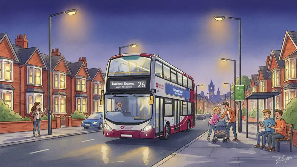 Bus on Chester Road in Sutton Coldfield during evening hours with street lighting and residential buildings visible