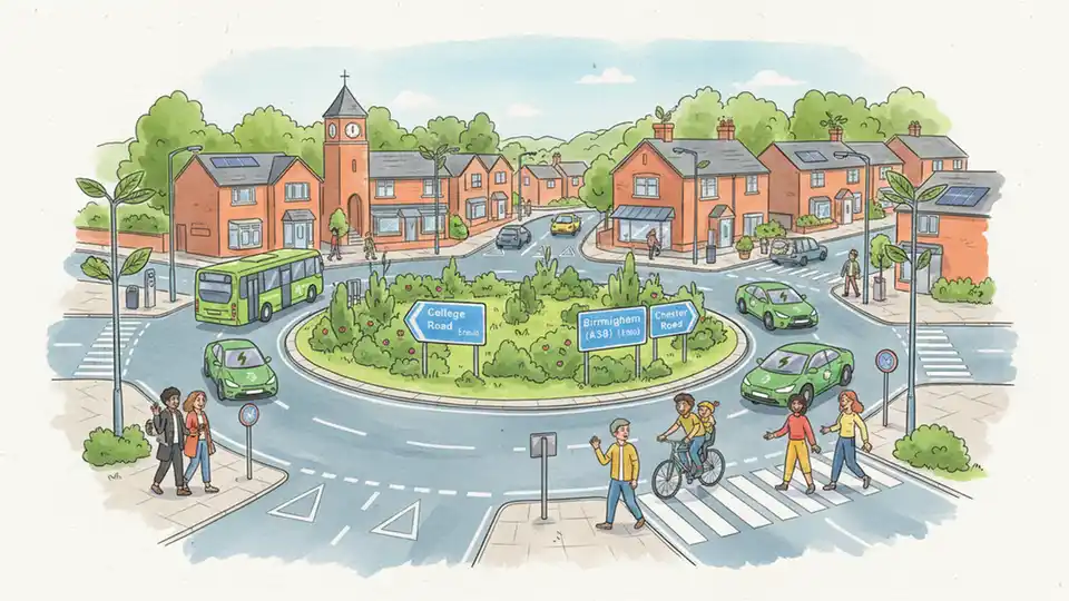 Jockey Road roundabout in Sutton Coldfield showing intersection with College Road and Chester Road with road signs visible