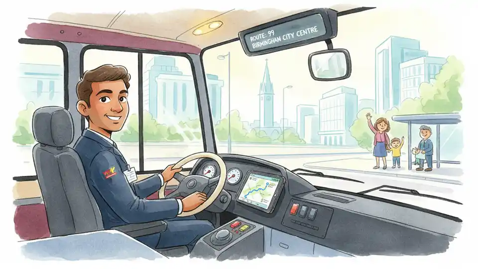 Transit operator in driver's seat of bus reviewing route information and controls