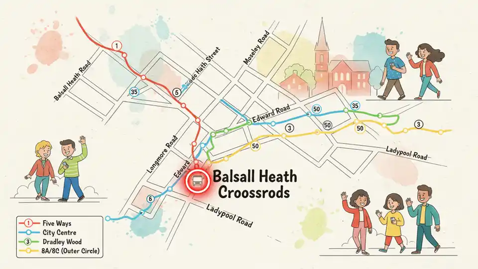 Birmingham bus route map showing Balsall Heath area with Longmore Street and Balsall Heath Road junction highlighted