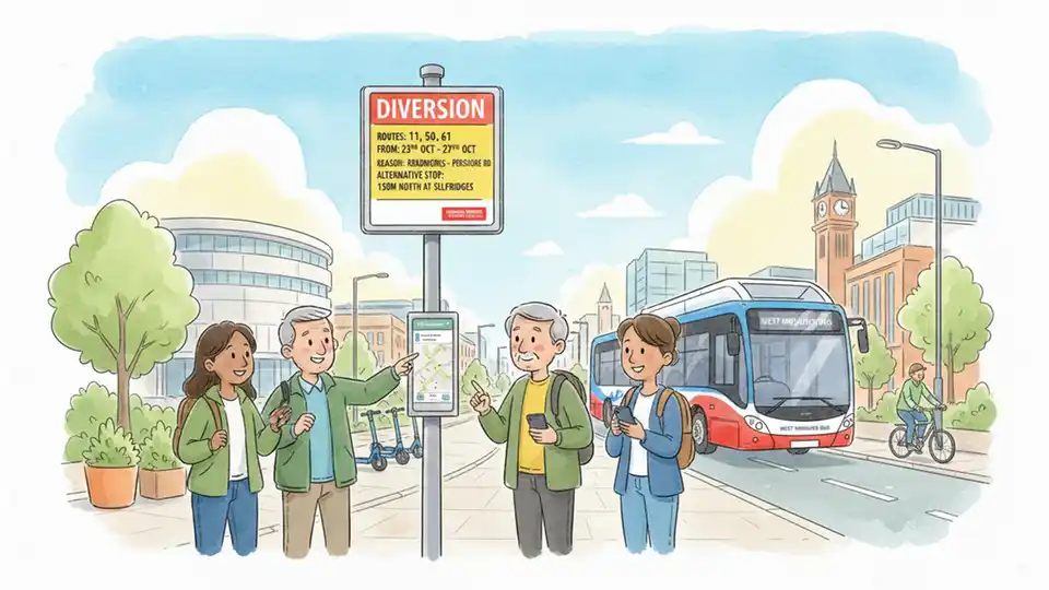 Bus route diversion sign at Birmingham bus stop showing temporary route change information