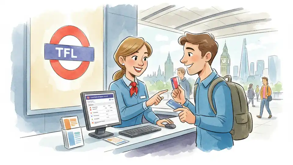 Customer service representative assisting transit rider at TfL help desk with computer screen showing account information