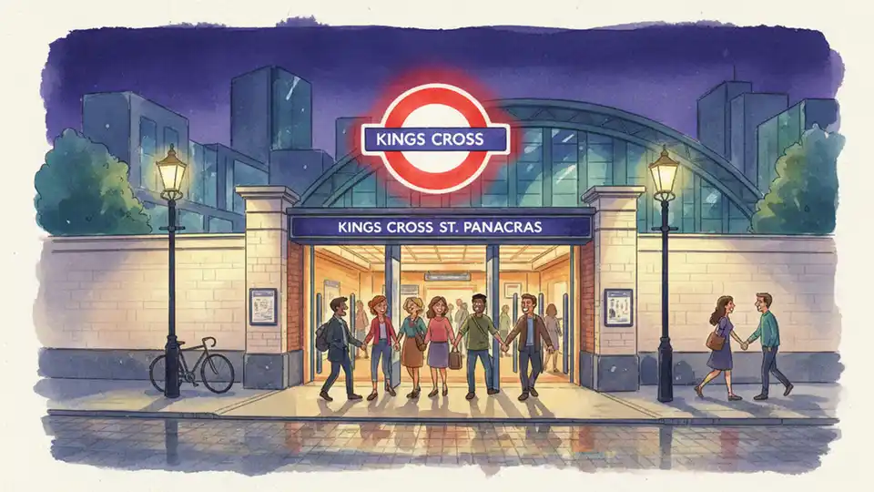 Kings Cross Underground station entrance at night with TfL roundel sign and passengers entering the station