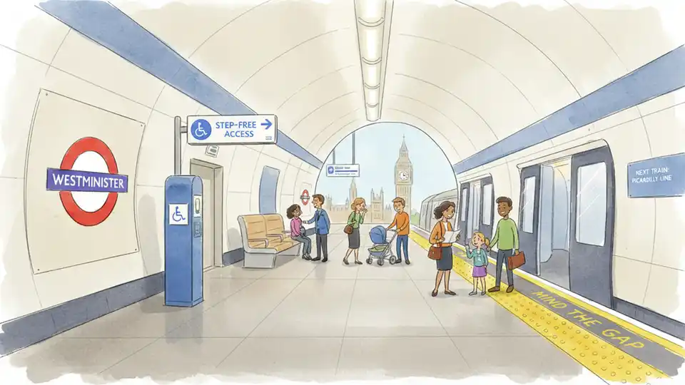 London Underground station platform showing accessible features including tactile paving and step-free access signage