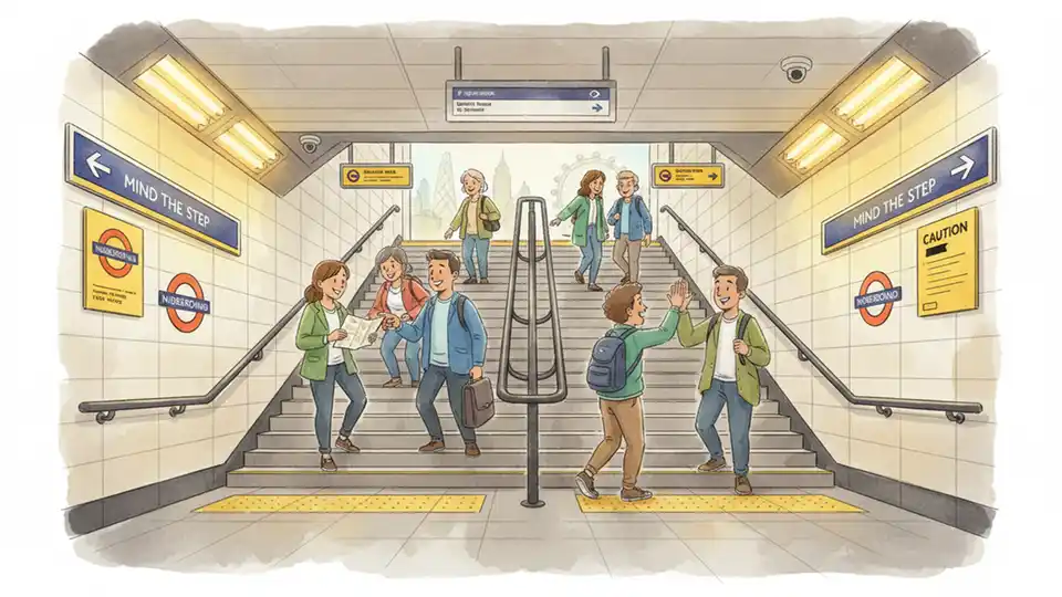 London Underground station stairway with step covers and safety signage