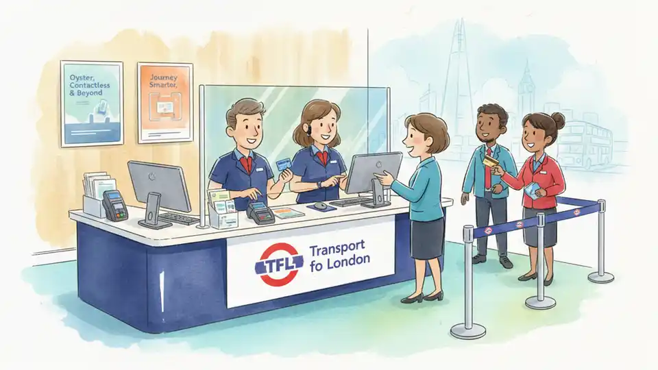 Transport for London Oyster card customer service help desk with staff assisting passenger with payment card issue