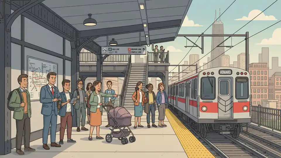 CTA passengers waiting on elevated Red Line platform with train approaching, showing typical transfer station setup in Chicago