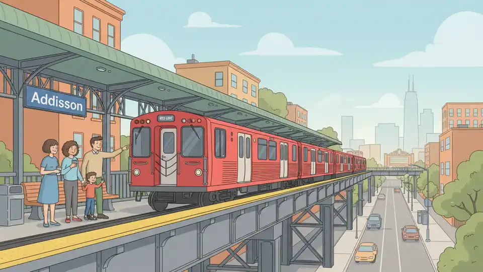 CTA Red Line train approaching elevated station platform on Chicago's North Side with Addison station signage visible
