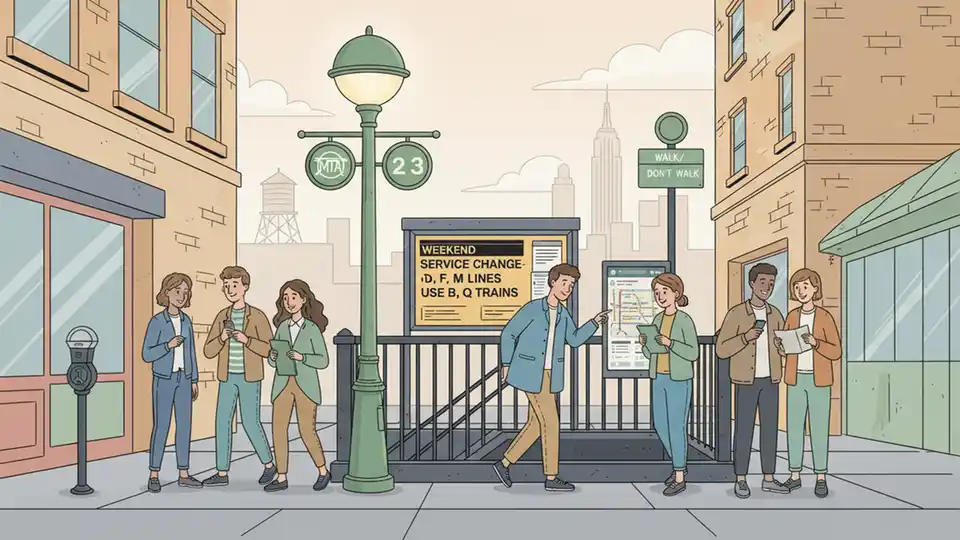 New York City subway station entrance with weekend service notice posted and commuters checking transit information