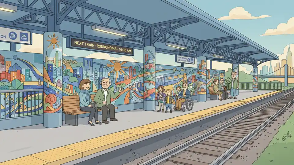 LIRR station platform with permanent art installation featuring colorful mosaic or sculptural work