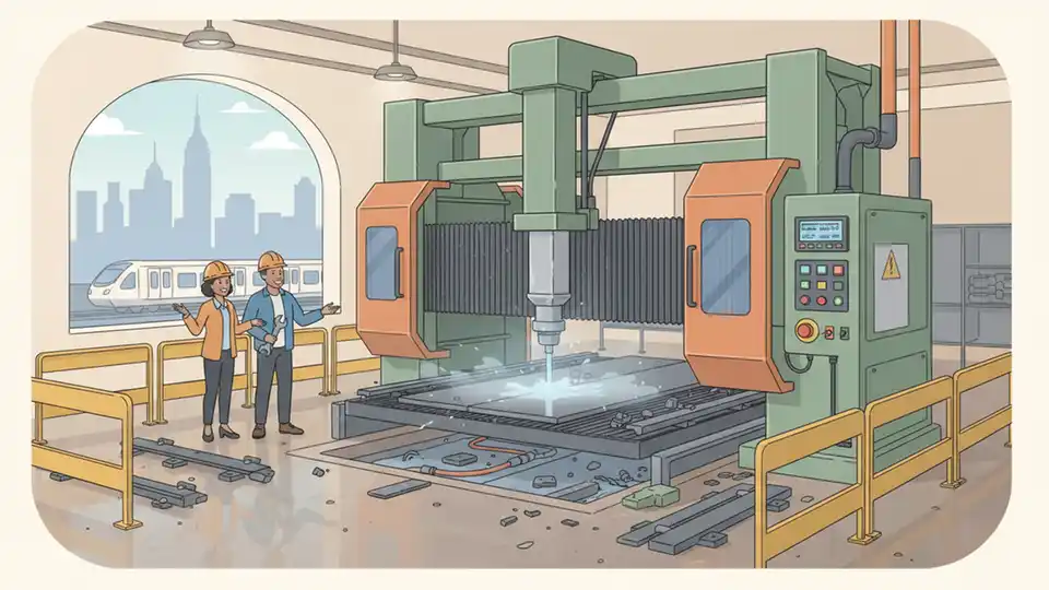 Close-up of water jet cutting machine in railroad maintenance facility with metal components and safety equipment visible