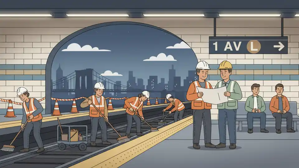 Subway platform during maintenance hours showing cleaning equipment and workers in safety vests performing track maintenance