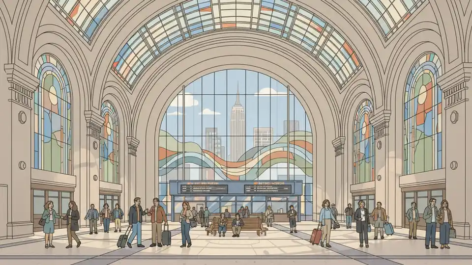 Metro-North train station interior with artistic glass installation and natural lighting