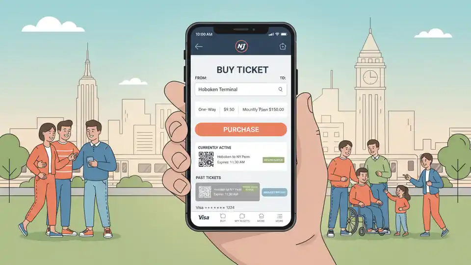 NJ Transit mobile ticketing app interface showing fare purchase and refund options on smartphone screen