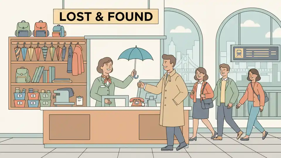 Lost and Found office counter at commuter rail station with staff member