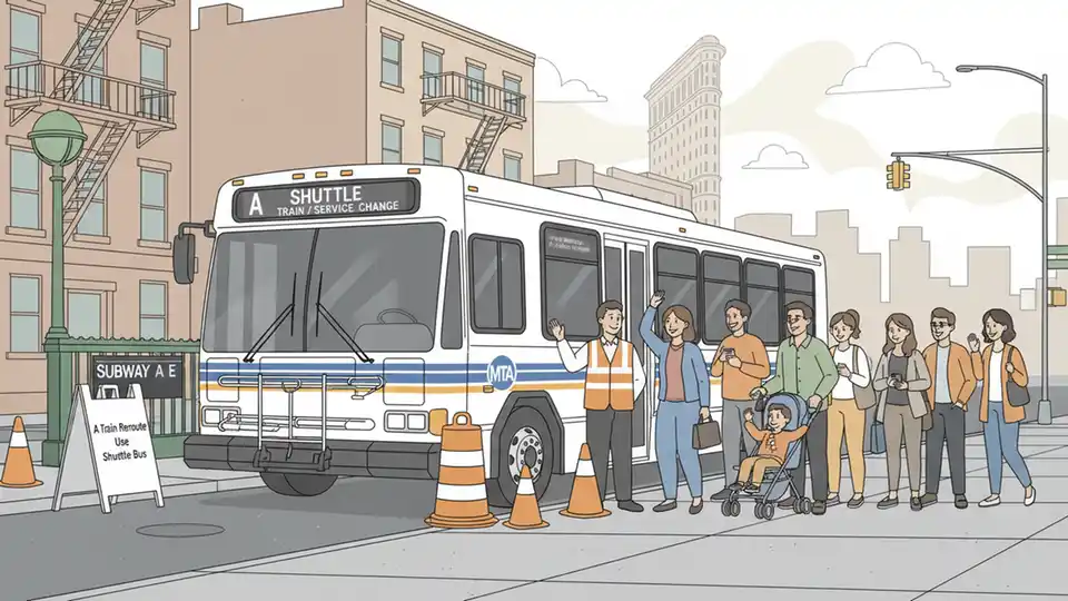 MTA shuttle bus at subway station with passengers boarding during service change