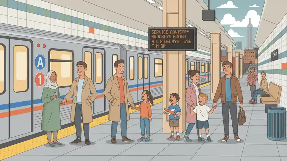 MTA subway train at platform with service change notification board visible