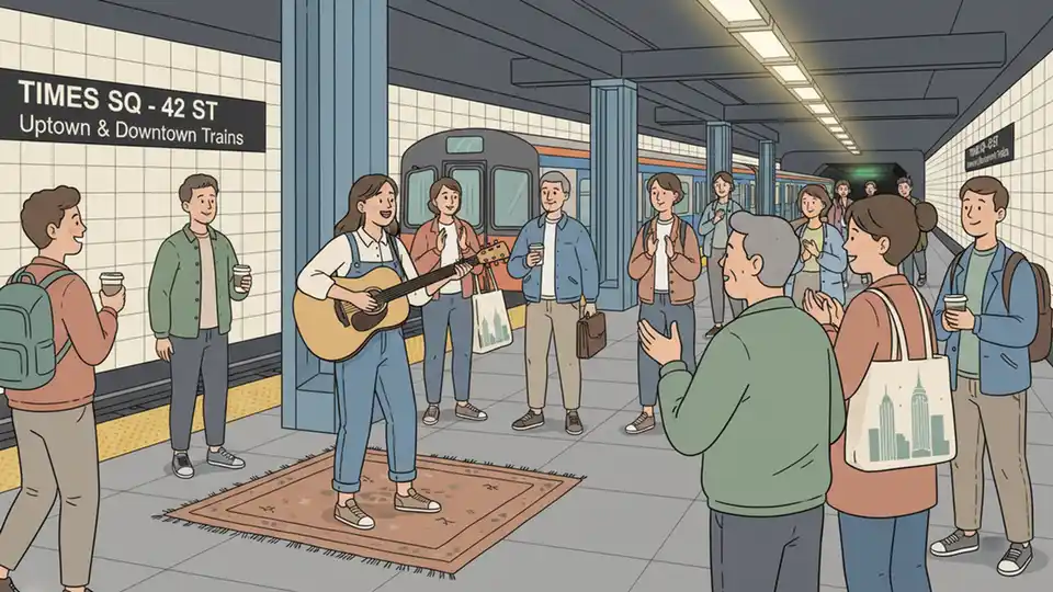 Female artist or performer in MTA transit station with commuters in background