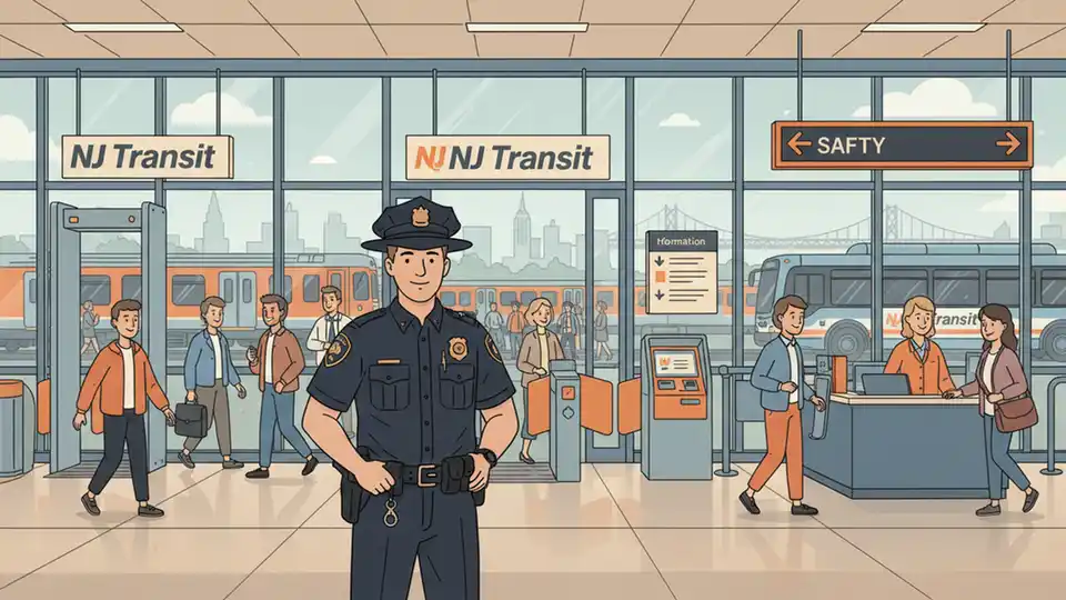 NJ Transit police officer at transit facility entrance