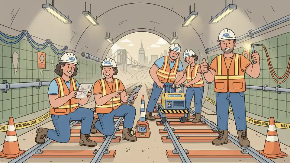 MTA maintenance crew working on subway tracks during weekend service modification