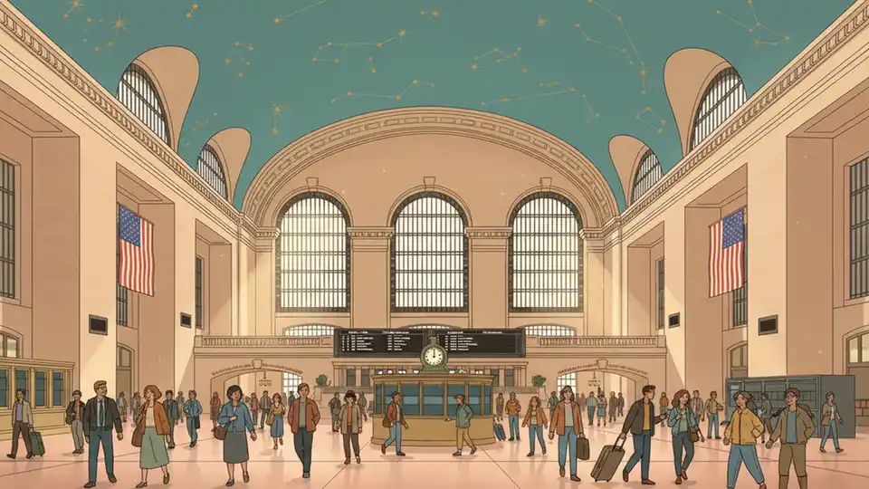 Grand Central Terminal main concourse with information board and commuters walking through the historic station