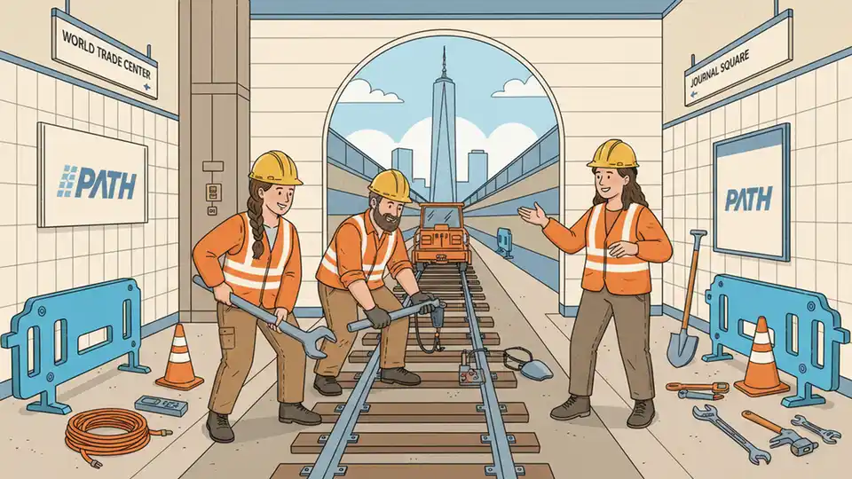 PATH maintenance crew working on track equipment at transit station